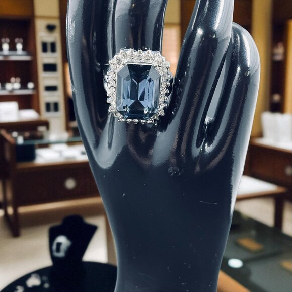 Sterling Silver Cocktail Ring Large Emerald Cut Blue Stone Halo Vintage Glam - Picture 1 of 7